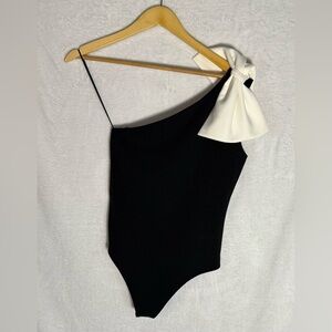Express body suit Black One-Shoulder Dress with White Bow